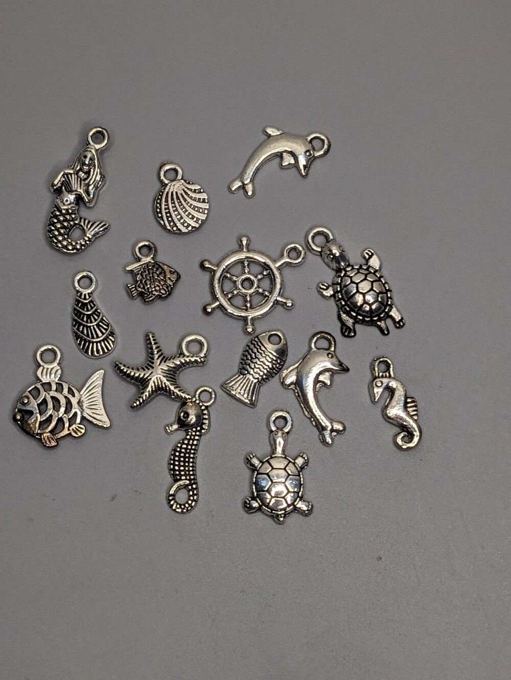 Sea Life Silver Tone Charm 14 Lot Mixed Nautical Ocean Theme Jewelry Craft Set